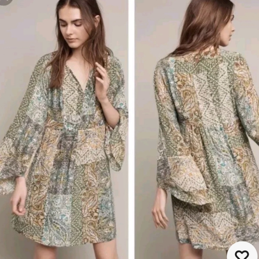 Anthropologie Floreat Amelie Green Patchwork Paisley Print Silk Dress 4 Boho